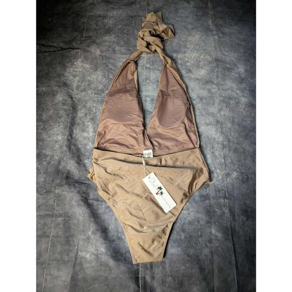 Stylish Swimwear One Piece Nude Swimsuit Size L Open Back Halter - Picture 4 of 9